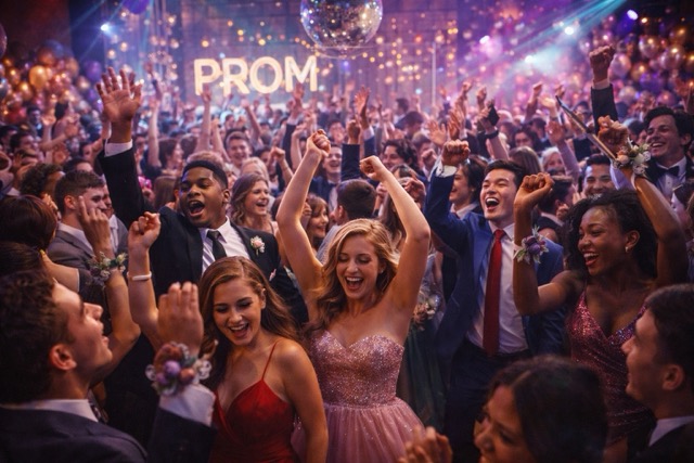 Packed dance floor at high school prom