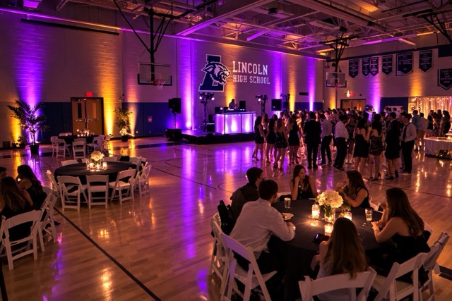 Prom lighting and special effects in gym