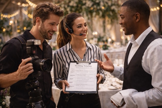 Wedding DJ coordinating with photographer and venue staff